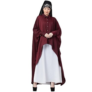 Designer Shirt style Kaftan with inner abaya- Maroon-White